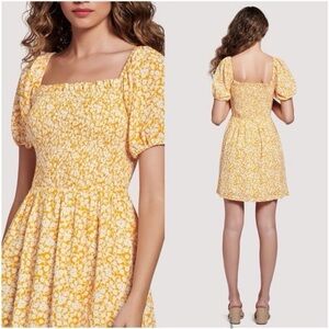 LOST + WANDER Tangerine Dream mini dress, yellow white smocking short sleeve M